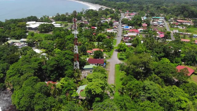 Aerial shot of the village of Cahuita, Costa Rica. Sunny weather.