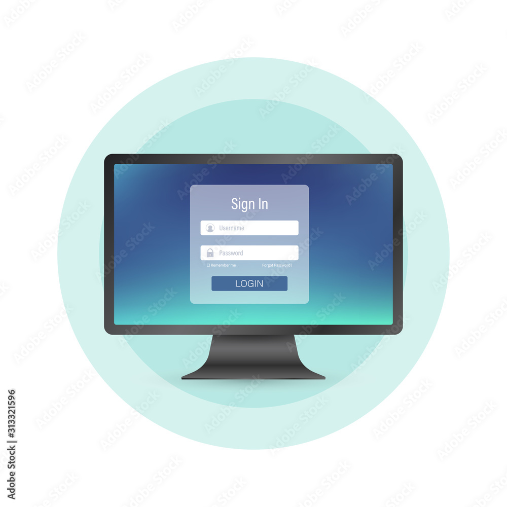 Poster login page on computer screen. pc and online login form, sign in page. user profile, access to accou