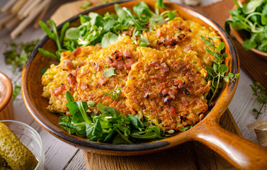 Potato pancakes, delish salad