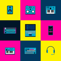 Electronic music objects. Collection of instruments used to create electronic dance music, synthesizer, drum machine, mixing table, midi keyboard, smartphone and headset. Vector illustration.