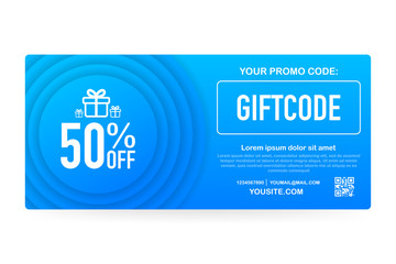 Template red and blue gift card. Promo code. Gift Voucher with Coupon Code. stock illustration. - obrazy, fototapety, plakaty