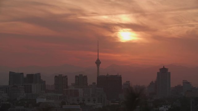 Panoramic view of stunning sunset and Central Radio & TV Tower in Beijing