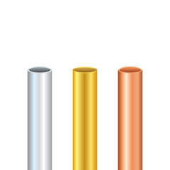 Pipe set. Steel, copper, gold Tubes. Steel or Aluminum, pipes of different diameters. Vector stock illustration