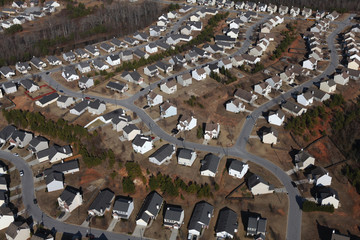 Aerial view of suburban homes and streets in the southeastern USA near Atlanta, Georgia.  