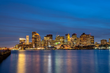 Fototapeta na wymiar Night Time Long Exposure of Downtown Boston From Across the Bay