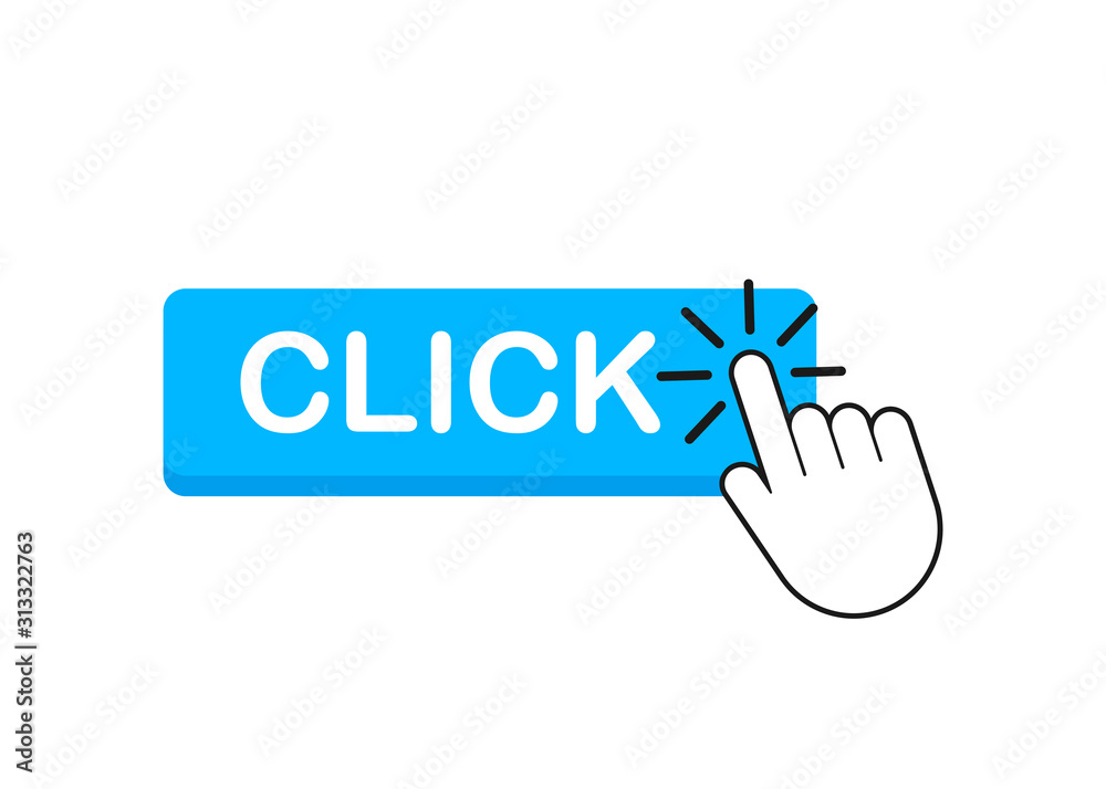 Poster click button with hand pointer clicking. vector stock illustration.