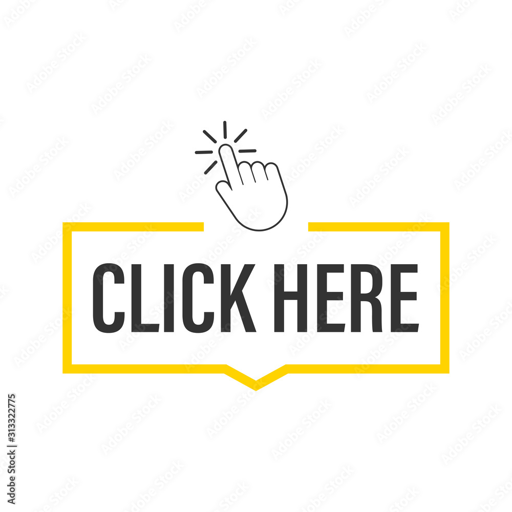 Poster click here button with hand pointer clicking. vector stock illustration.