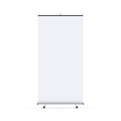 Blank roll-up banner display. Roll up banner stand. Vector stock illustration.