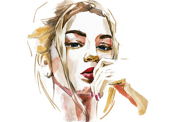 Modern Young blonde woman portrait hand drawn watercolor illustration - 313323107