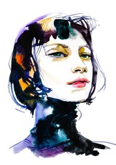 Modern Young female brunette portrait hand drawn watercolor illustration - 313323125