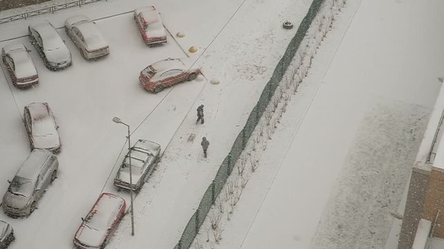 Snowfall in St. Petersburg. View from the window, 15th floor. Snowflakes fall asleep. Gray sky, overcast. Cars, houses turn white.