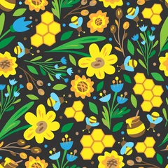 Abwaschbare Fototapete Summer seamless pattern. Floral print. Flowers, bees and honey on black background. Doodle style vector © Nina_V