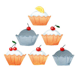 Set of biscuit cakes with lemon and cherry,isolated on a white background