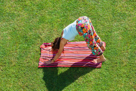 adult woman practice yoga down dog  pose  outdoor in backyard on grass summer day shot from above