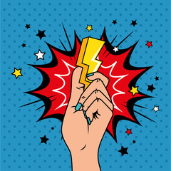 hand with thunderbolt and explosion pop art style icon vector illustration design