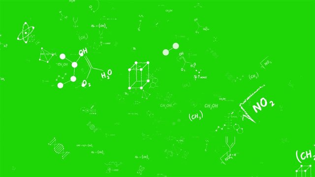 Camera flies through chemical formulas on background. Chemical reaction, various organic compounds, chemical formulas and molecules. Seamlessly loopable abstract animation. Greenscreen chromakey