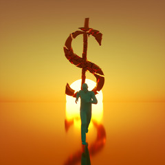 Blue Figure Running From Breaking Gold Dollar Backlit by Sunset