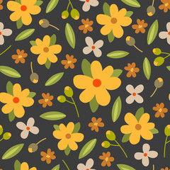 Seamless botanical pattern with yellow flowers and green leaves on black background. Hand drawn vector texture.