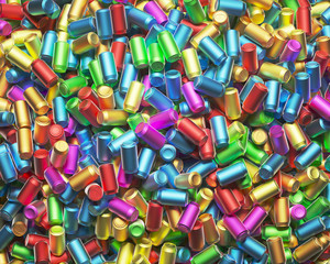 Aerial View of Massive Chaotic Pile Of Vibrantly Colored Unlabelled Drink Cans