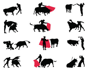 Black silhouettes of matadors and bulls on a white background, vector - obrazy, fototapety, plakaty
