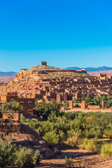 Fototapeta na wymiar View of the fortified city of Ait-Ben-Haddou, Morocco. Vertical. Copy space for text.