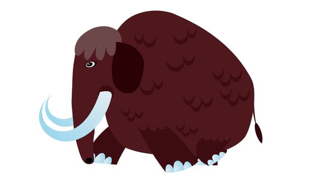 Cartoon mammoth walking cycle. Alpha matte included. Cute 2d flat hand made prehistoric brown animal character animation good for any use. 