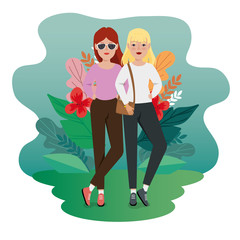 women standing with handbag and leafs tropicals vector illustration design