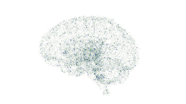 Small dots in the shape of the human brain, isolated on white background. 3D render