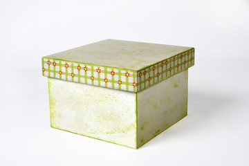 gift box with paintings in green texture, wooden box mockup isolated on white background