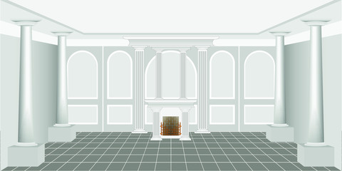 empty white living room interior with columns and fireplace