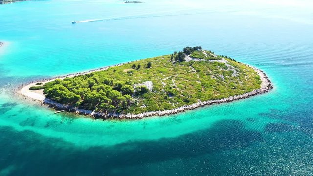 Beautiful blue seascape, islands on Adriatic sea in Croatia near Pakostane, drone aerial footage
