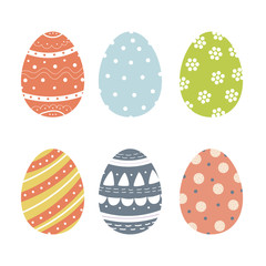 Set of cute decorated Easter eggs isolated on white background. Collection of symbols of religious holiday covered with different patterns - dots, flowers, stripes. Holiday flat illustration