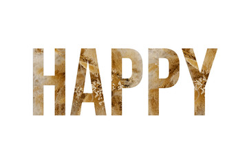 Rustic font word HAPPY made of reeds on white background with paper cut shape of letter. Collection of flora font for your unique 