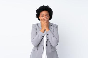 African american business woman over isolated white background with surprise facial expression