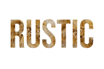 Rustic font word RUSTIC made of reeds on white background with paper cut shape of letter. Collection of flora font for your unique 