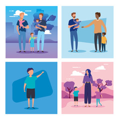 set scenes parents with sons avatar characters vector illustration design