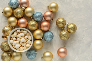 christmas balls on gray background