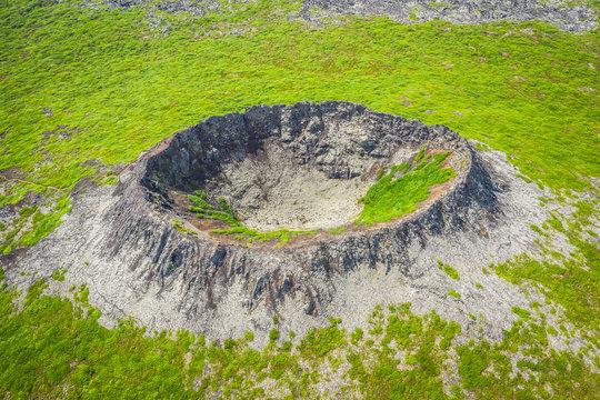 Aerial drone view of Crater Eldborg in Iceland