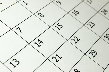 Cropped shot of calendar. Abstract background.  Calendar dates, close up.