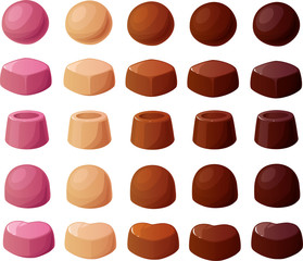 Vector illustration of various kinds of filled chocolate truffles, pralines and bonbons isolated on a white background
