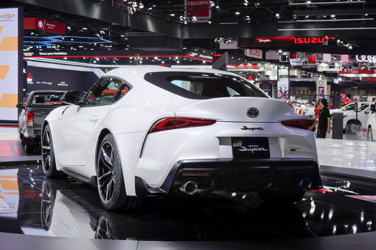 Bangkok, Thailand - March 28, 2019 : Toyota Supra GR Supercar white color on display in 40th Bangkok International Motor Show 2019 at Thailand