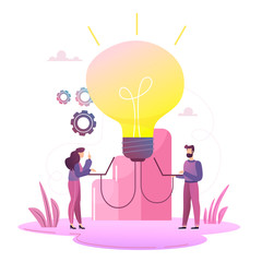 Business concept for launching ideas, light bulb is shining. Tiny little men launch an idea, light bulb is shining appears an idea, a symbol of creativity, ideas, mind, thinking.