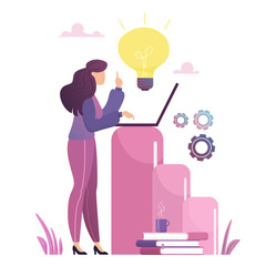 Concept of idea. Woman working on a new idea at the computer. Vector illustration in cartoon flat style.