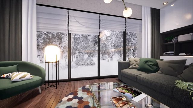 3d render. Camera span across a modern open living space with kitchen