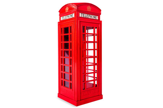 Traditional English red telephone booth, public call-box on white background, isolated.