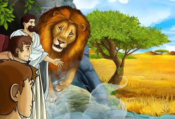 cartoon scene with greek or roman warrior or philosopher fighting nemean lion - illustration for children