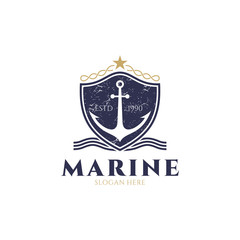 Vintage Shield Anchor Emblem Logo Design. Badge Marine Retro Logo With Grunge Effect