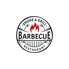 Vintage Retro BBQ Grill Logo. Barbecue Restaurant Emblem Logo Template. Barbecue Label Stamp Logo With Grunge/Rustic Effect