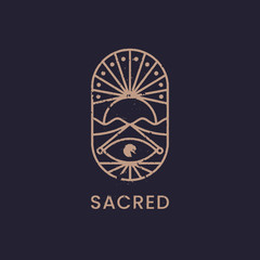 Sacred eye, sunrise line. Ethnic style. Alchemy abstract. Symbol. Label and logotype. Geometric shape logo vintage sign linear pictogram isolated on black background.