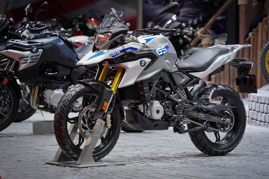 Bangkok, Thailand - March 29, 2019 : 2019 BMW GS G310 sport touring bike on display in 40th Bangkok International Motor Show 2019 at Thailand